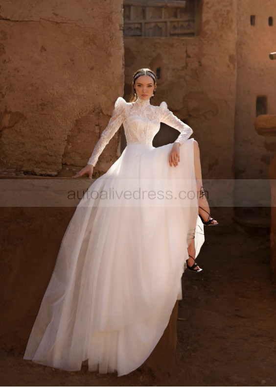 High Neck Long Sleeves Ivory Lace Tulle Wedding Dress